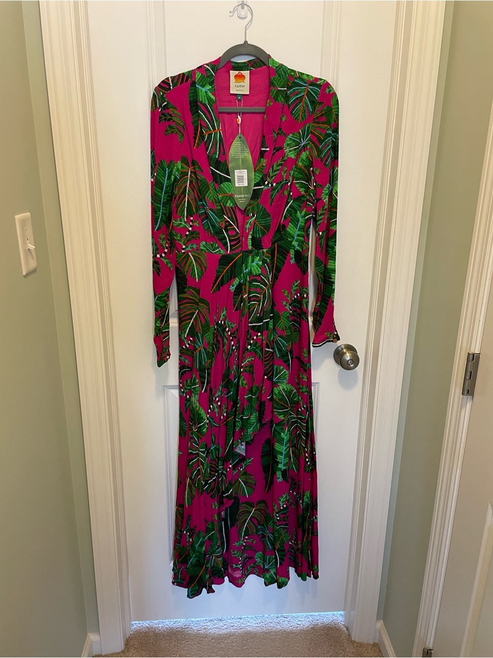 FARM Rio Magenta Tropical Leaf Long Sleeve Maxi Dress with Green Print